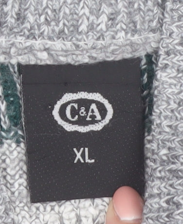 C&A Men’s Grey Geometric Knit Shawl Pullover Jumper XL Vintage