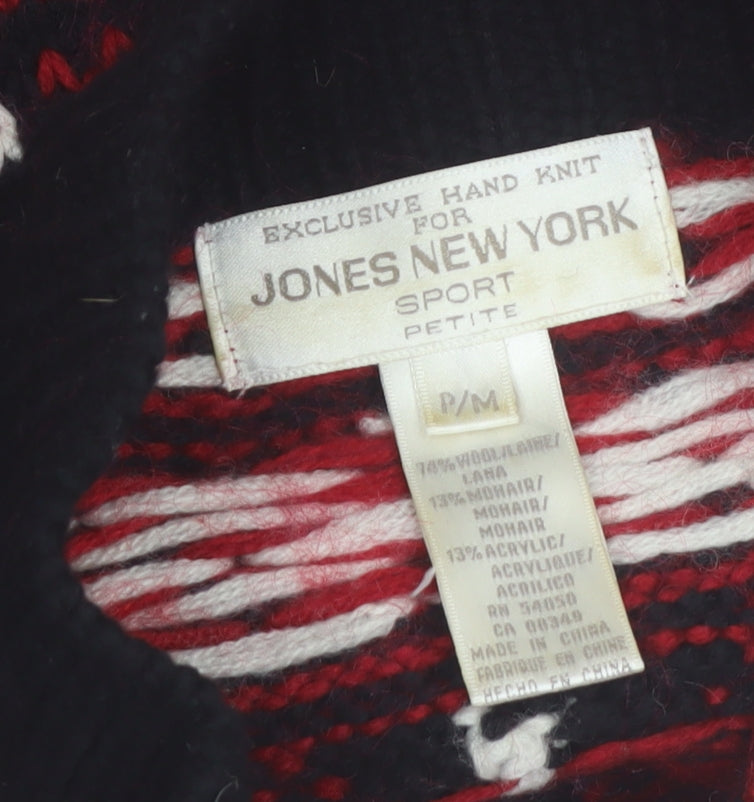 Jones New York Women Red Fair Isle Wool Blend 1/4 Zip Petite Jumper M