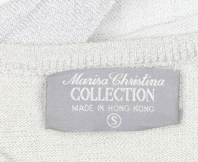 Marisa Christina Women Silver Metallic Knit Short Sleeve Pullover Jumper S