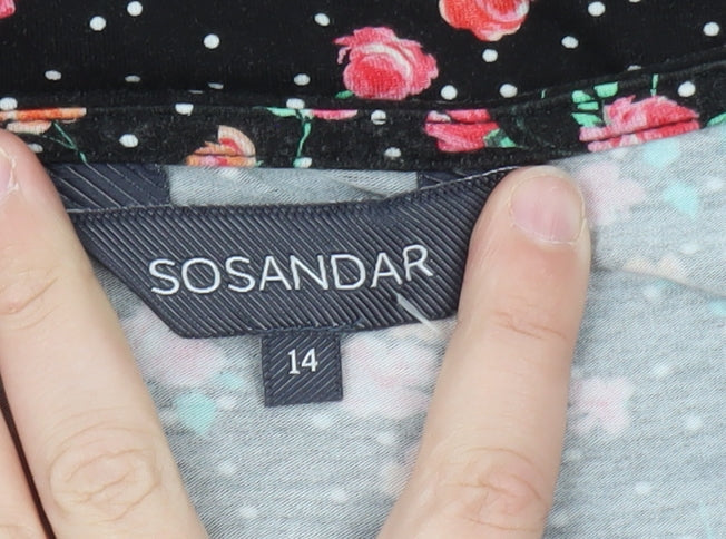 Sonsandar Women’s Black Floral Wrap Blouse Size 14 Viscose 3/4 Sleeve