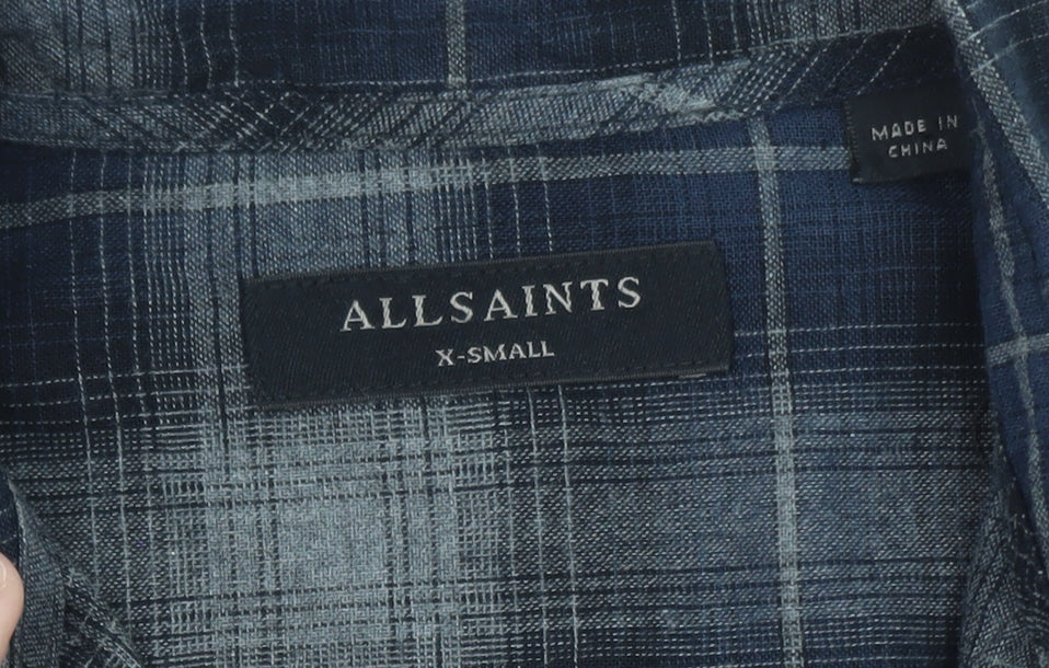 AllSaints Men's Blue Plaid Flannel Button-Up Shirt XS Slim Fit