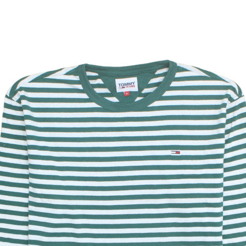 Tommy Jeans Men's Green White Striped Long Sleeve Cotton T-Shirt XL