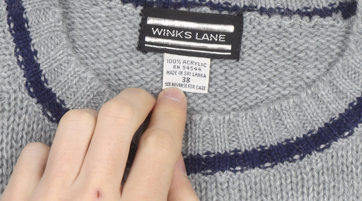 Winks Lane Mens Grey Acrylic Crew Neck Pullover Jumper Size M
