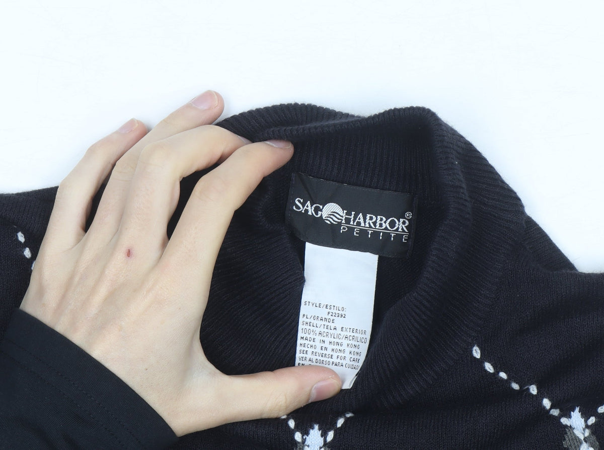 Sag Harbor Petite Women Black Argyle Mock Neck Acrylic Jumper M