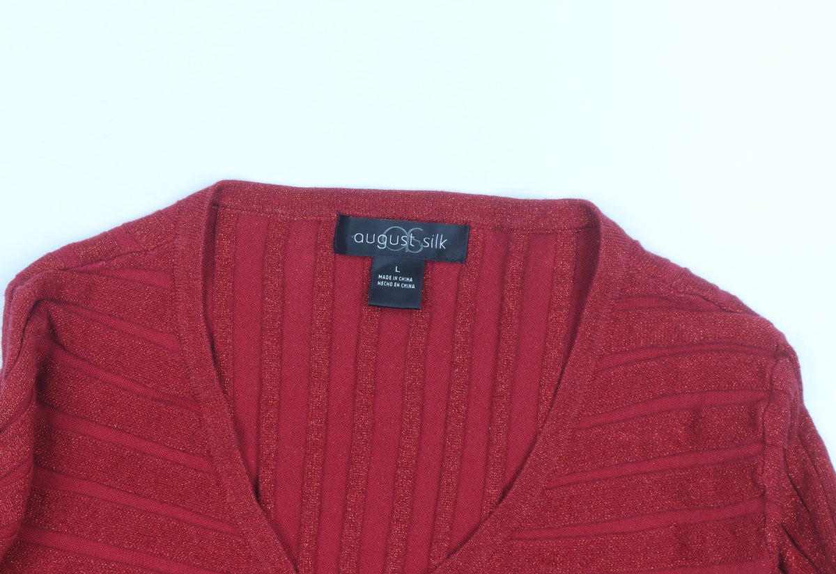 August Silk Women Red Ribbed Wrap V-Neck Knit Top Size L