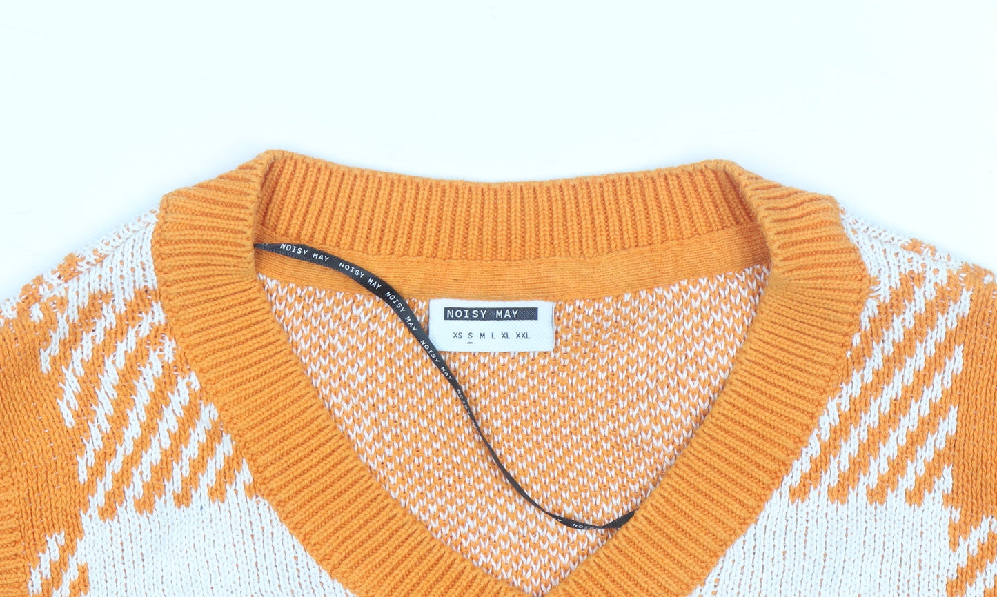 Noisy May Women's Orange Check Knit Sleeveless V-Neck Vest Size S