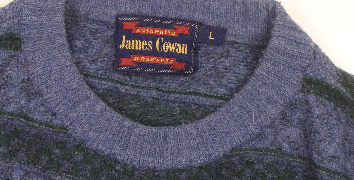James Cowan Men's Blue Fair Isle Wool Blend Jumper L