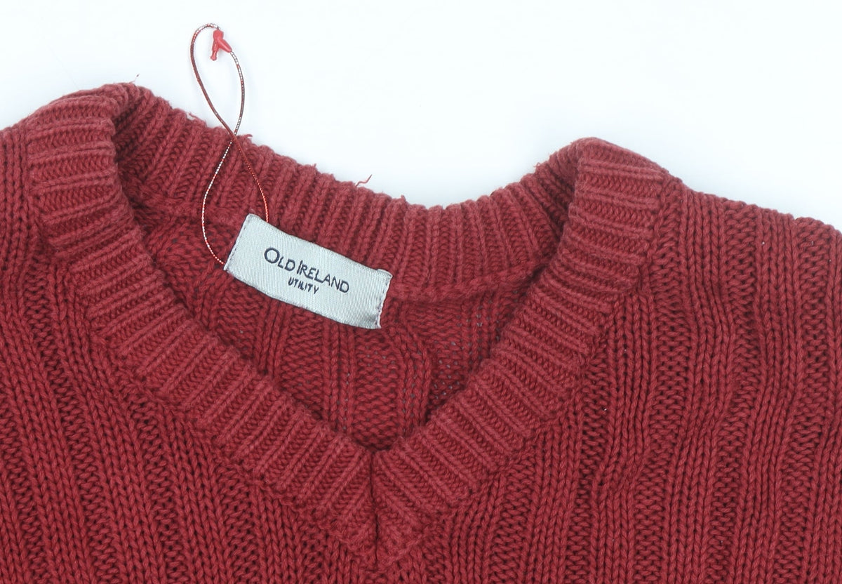 Old Ireland Utility Women's Red V-Neck Ribbed Cotton Jumper Size M