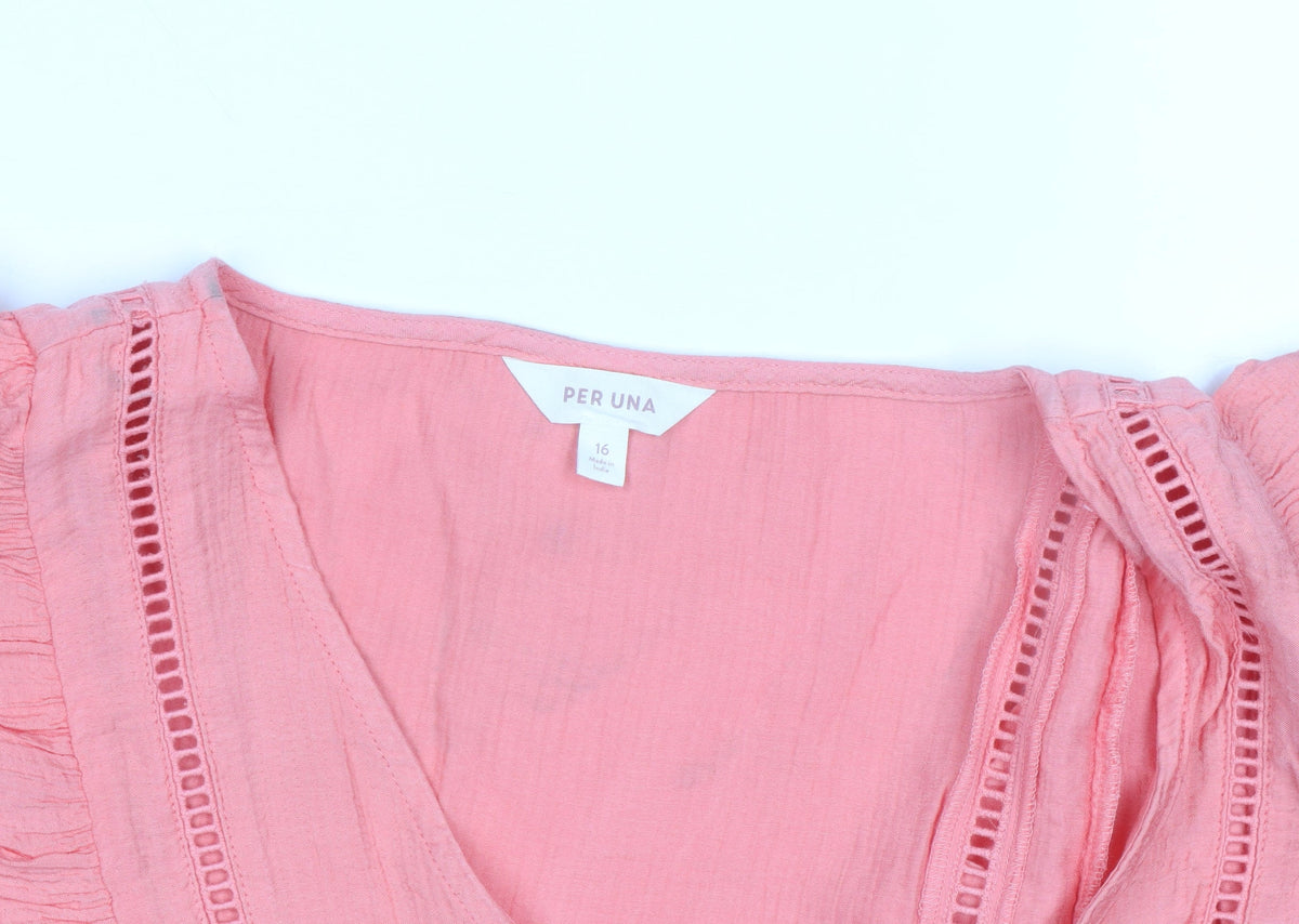 Marks & Spencer Per Una Pink Ruffle V-Neck Cotton Blouse Size 16