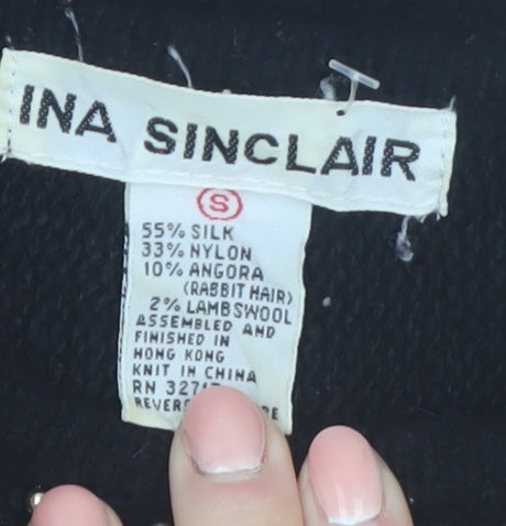 Ina Sinclair Womens Black S Pullover Floral Beaded Silk Angora Jumper