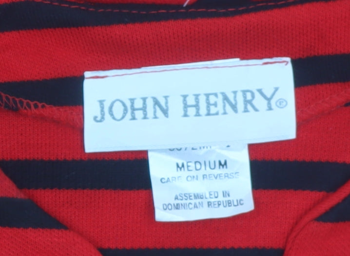 John Henry Womens Red Black Striped Cardigan Medium V-Neck Knit