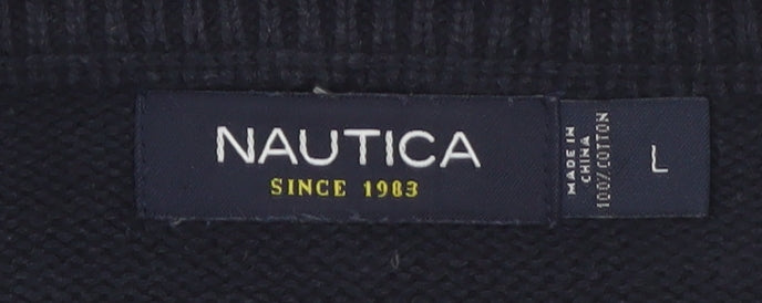 Nautica Men's Blue Colour Block Cotton Crew Neck Jumper Size L
