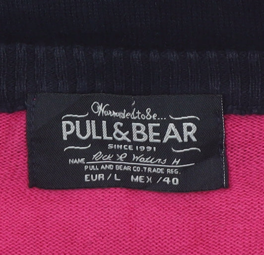 Pull & Bear Men’s Pink Striped V-Neck Cotton Jumper Size L
