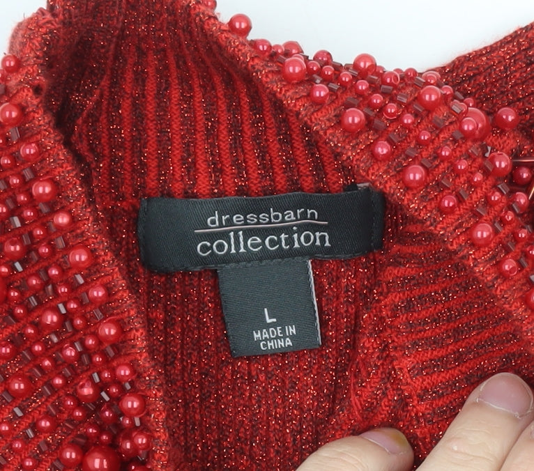 Dressbarn Women Red Beaded High Neck Long Sleeve Pullover Jumper L