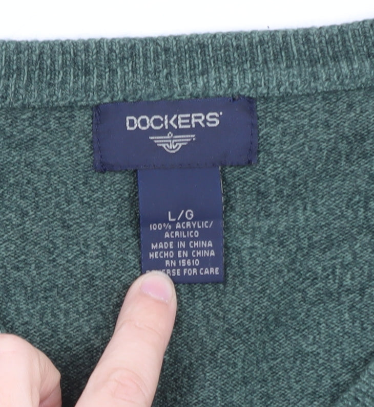 Dockers Men Green Acrylic V-Neck Pullover Jumper Size L