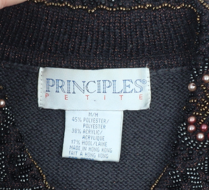 Principles Women’s Brown Beaded Collared Petite Cardigan M