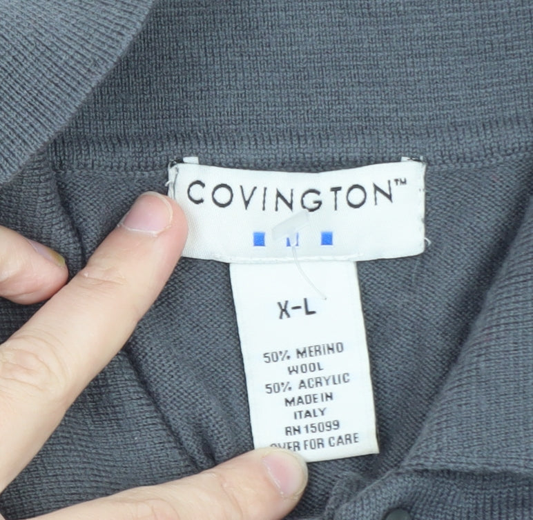 Covington Men Grey Striped Long Sleeve Merino Wool Blend Polo XL