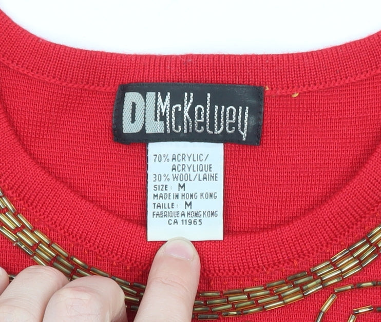 DL McKelvey Womens Red Beaded Wool Acrylic Boho Pullover Jumper M