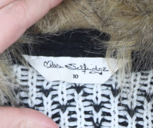 Miss Selfridge Women's Black Aztec Faux Fur Trim Knit Cardigan Size 10