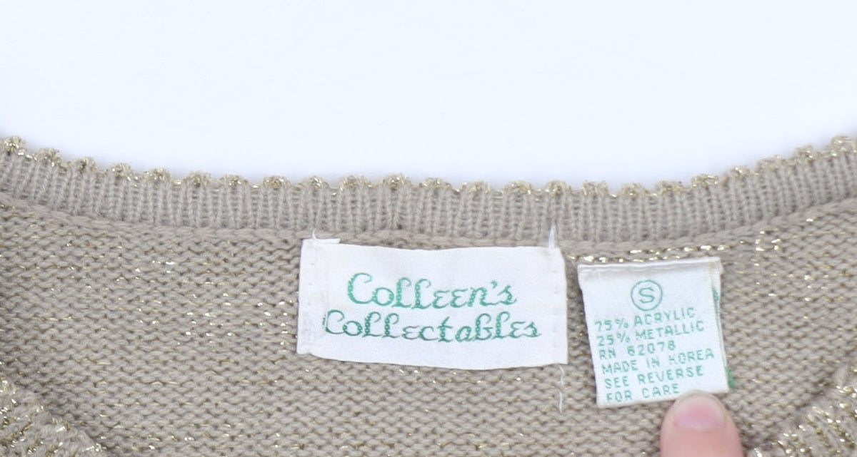 Colleen's Collectables Women's Beige Metallic Knit Short Sleeve Jumper Size S