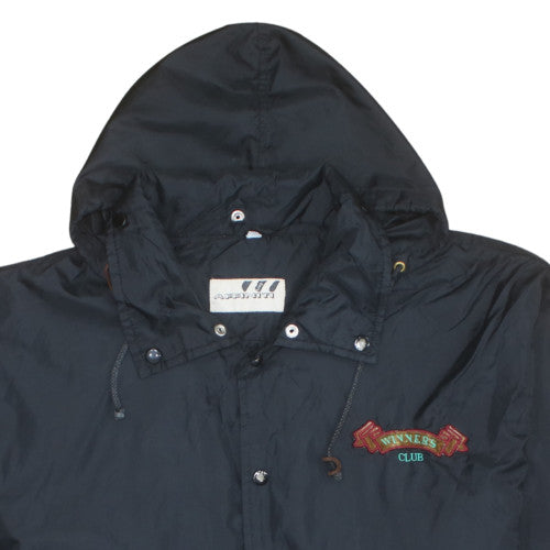 Affiniti Mens Blue Hooded Windbreaker Jacket L Nylon Embroidered 90s Style