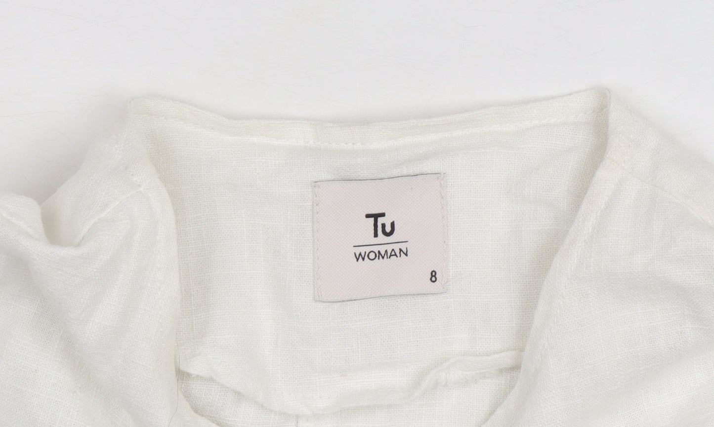 Tu Women White Linen Cotton Long Sleeve Basic Blouse Size 8
