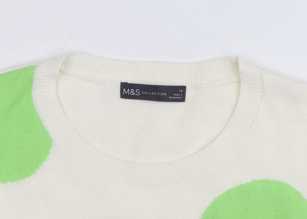 Marks & Spencer Women Ivory Green Polka Dot Cotton Jumper Size 14