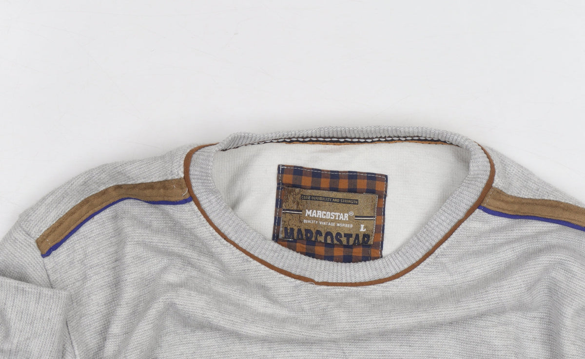 Marcostar Men's Grey Cotton Pullover Jumper L With Elbow Patches