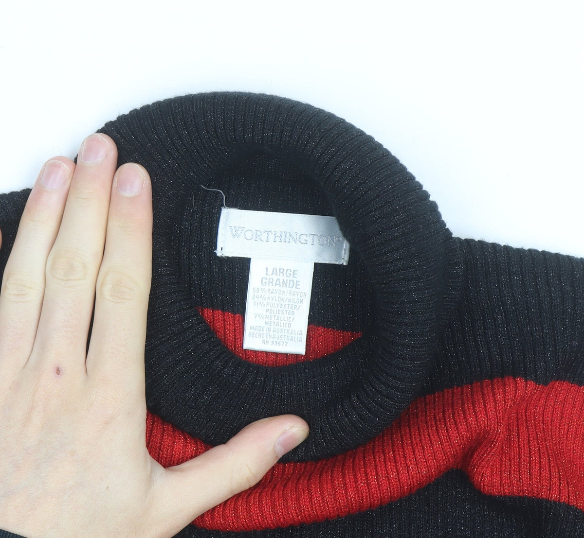 Worthington Womens Black Red Striped Roll Neck Jumper Size L