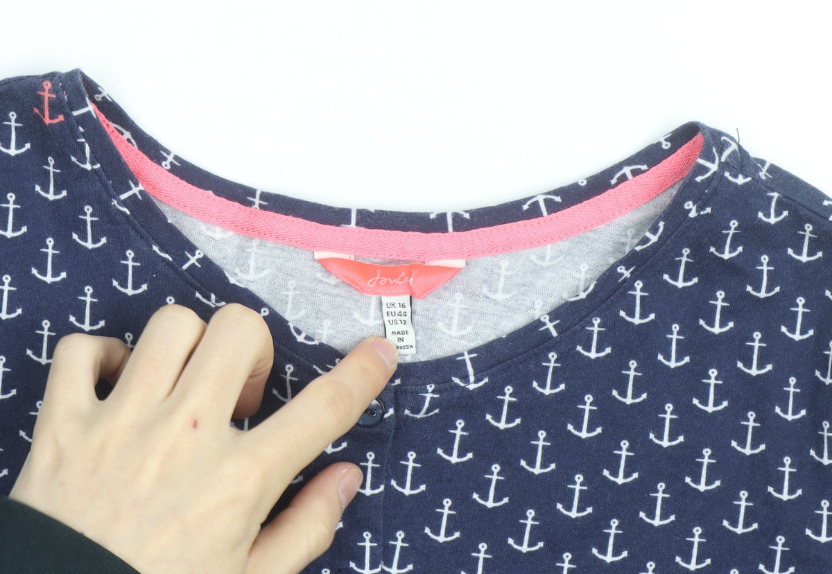 Joules Womens Blue Anchor Print Button-Up Cotton Top UK 16