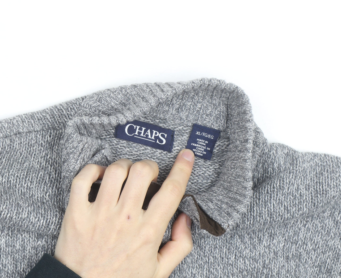 Chaps Men's Grey XL Henley Knit Jumper with Suede Elbow Patches