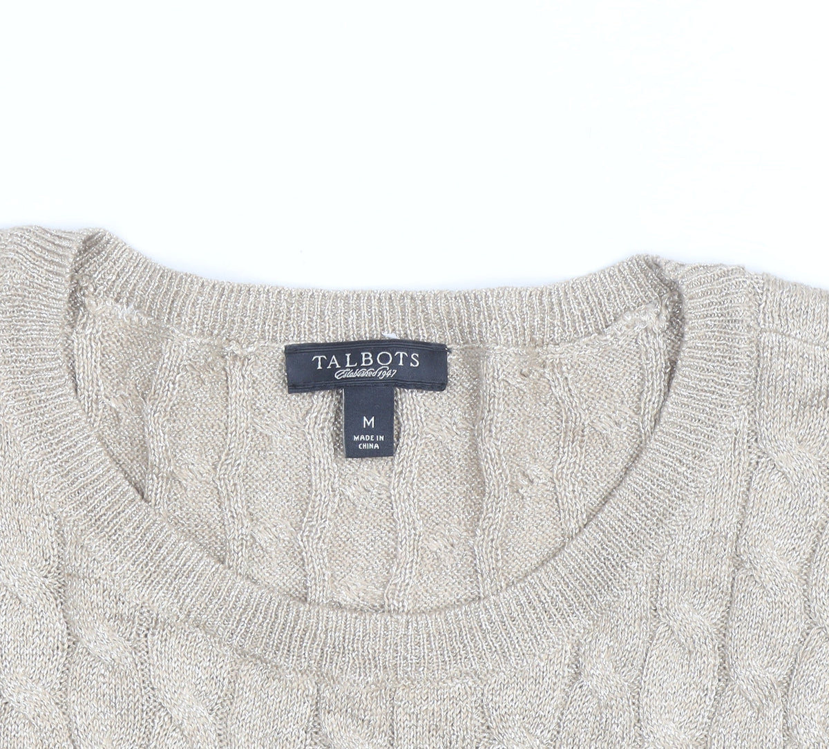 Talbots Women Beige Cable-Knit Crew Neck Jumper Medium