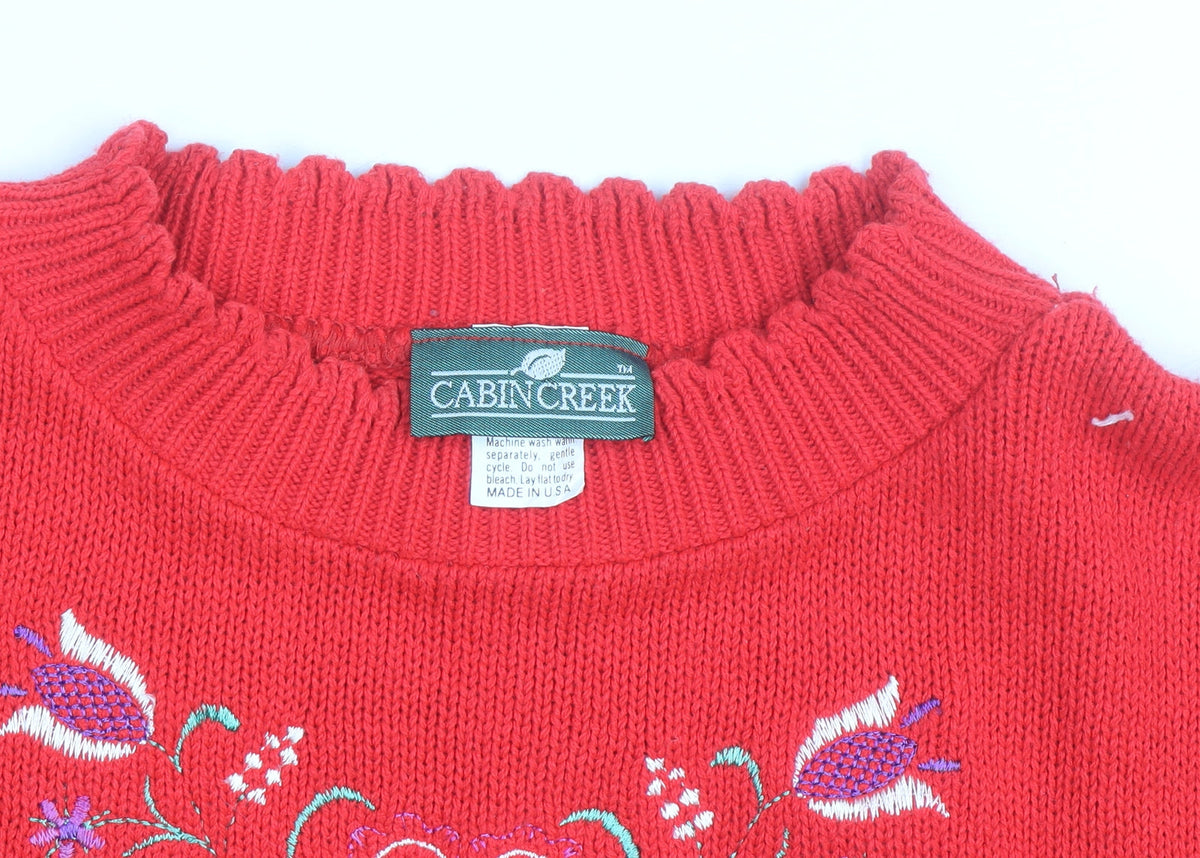 Cabin Creek Womens Red Embroidered Cotton Pullover Jumper M