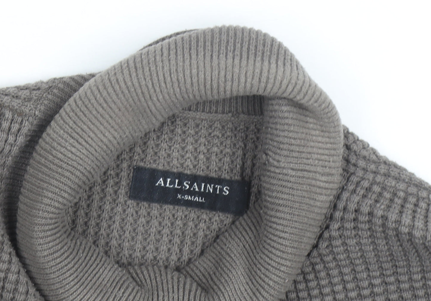 AllSaints Men's Grey XS Roll Neck Waffle-Knit Cotton Jumper