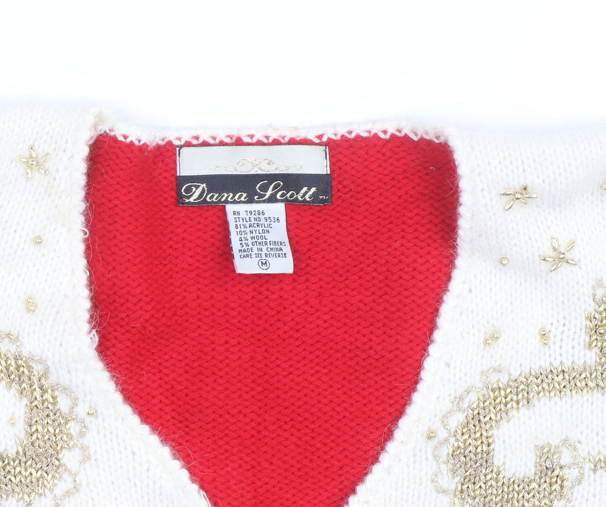 Dana Scott Men's Red Beaded Knit V-Neck Jumper M Classic Winter Style