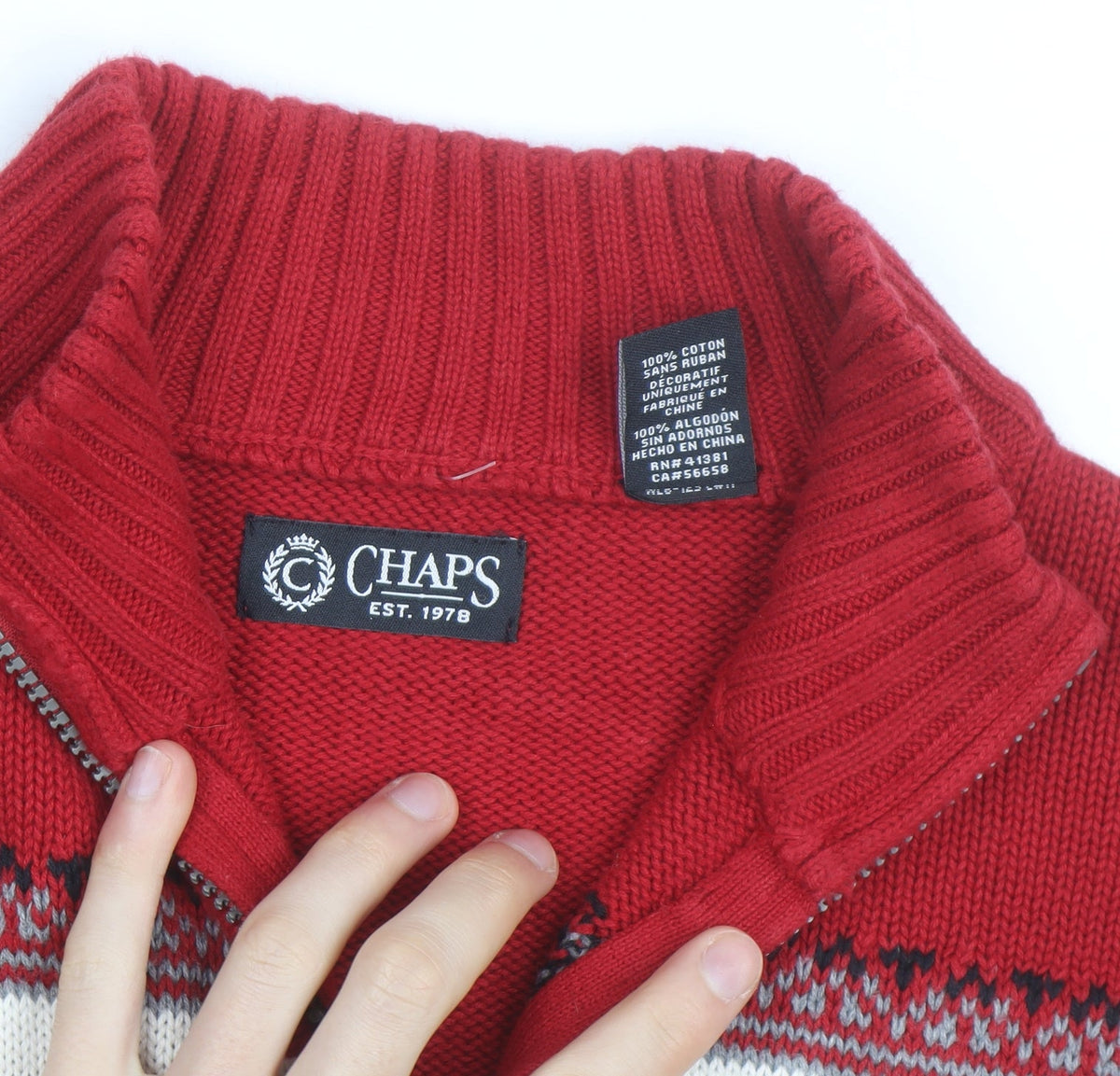 Chaps Men's Red Cotton 1/4 Zip Moose Knit Jumper L