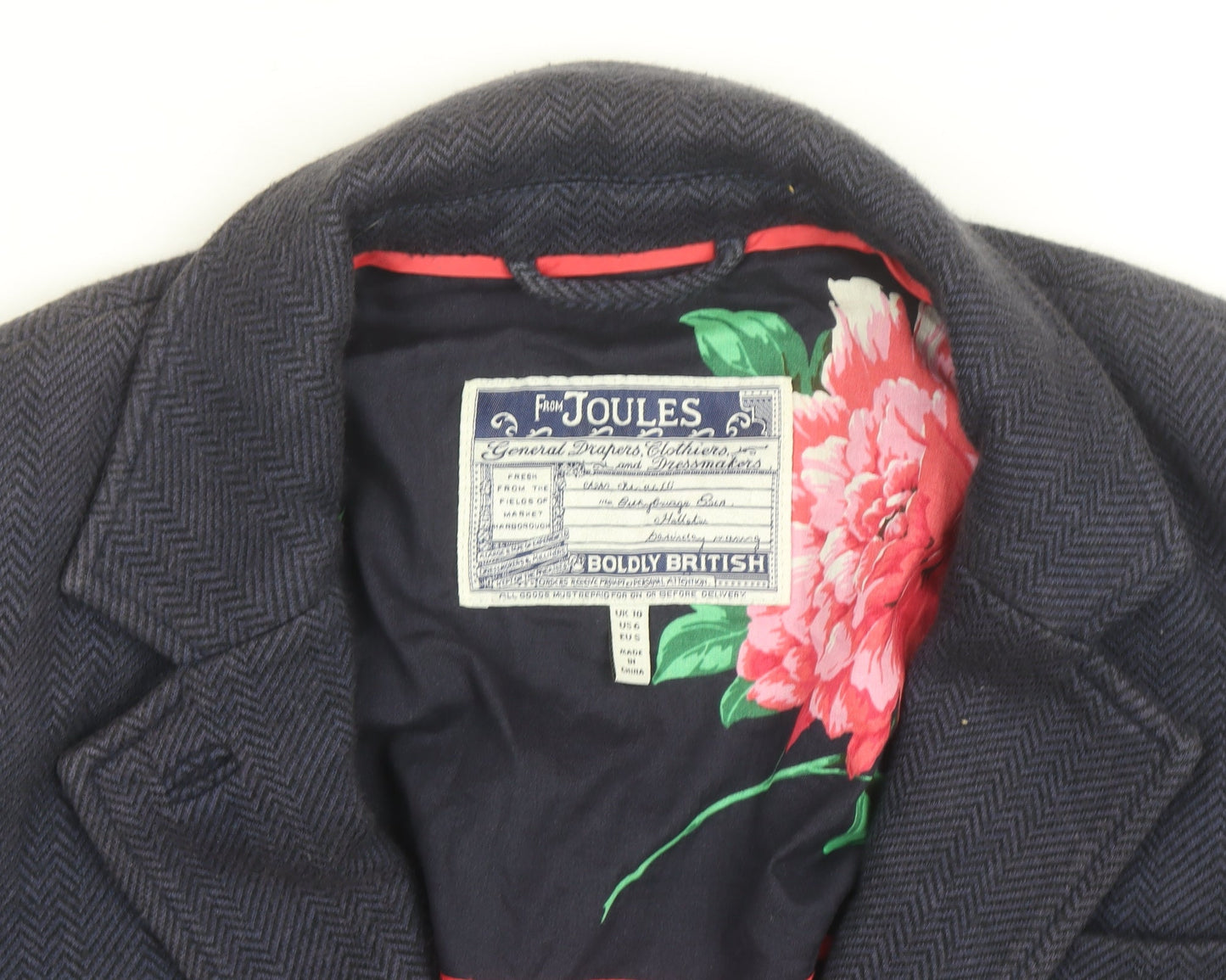 Joules Women's Navy Wool Blend Herringbone Blazer Size 10 Slim Fit