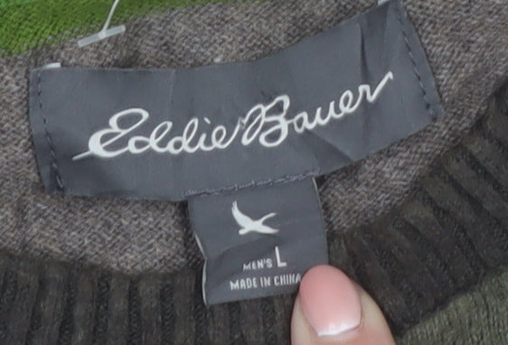 Eddie Bauer Men's Green Striped Crew Neck Cotton Wool Jumper L