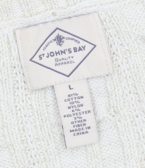St John's Bay Women Ivory Cable-Knit Cotton Blend Jumper Size L