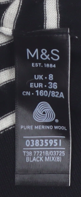 Marks & Spencer Womens Black Striped Merino Wool Jumper Size 8