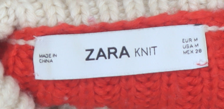 ZARA Women’s Beige Brown Red Roll Neck Chunky Knit Jumper Size M