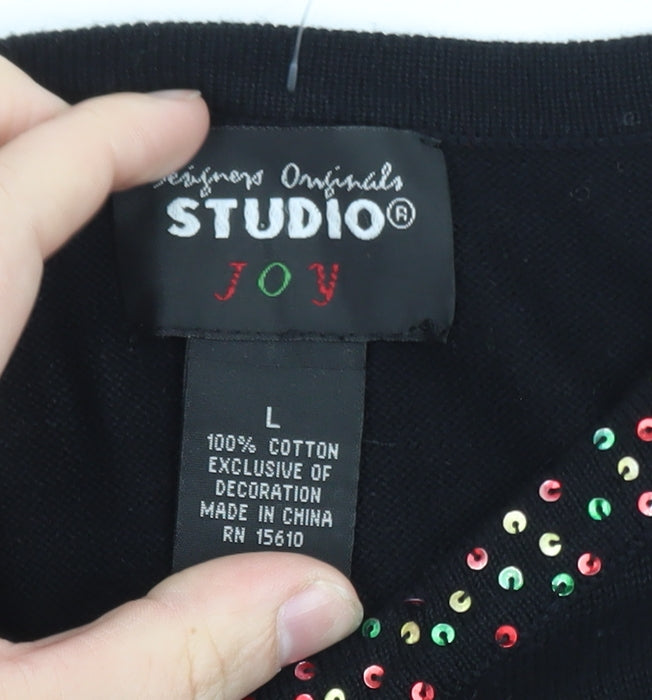 Designers Originals Studio Joy Women's Black L Cardigan with Beaded Christmas Embellishment