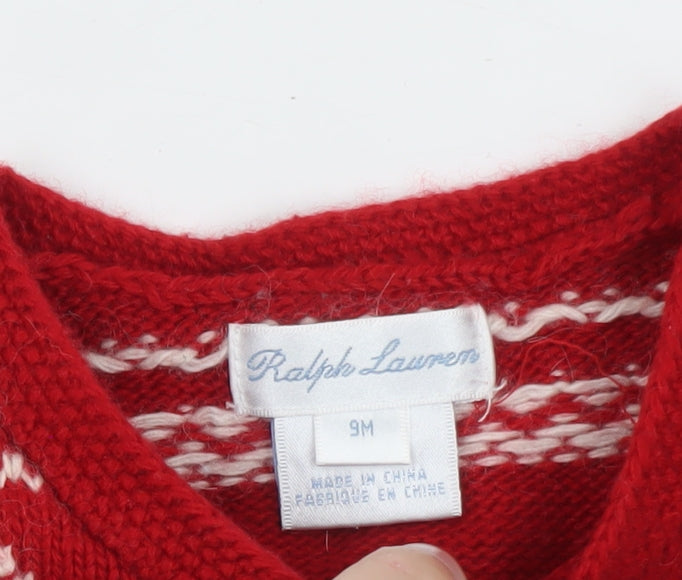 Ralph Lauren Girls Red Fair Isle Christmas Cardigan 6-9 Months Wool Blend