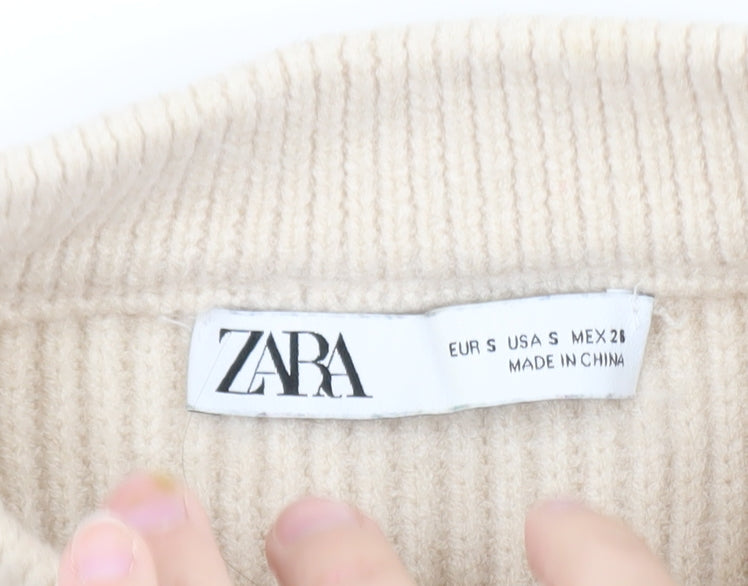 Zara Women Beige Stripe Mock Neck Knit Jumper Size S