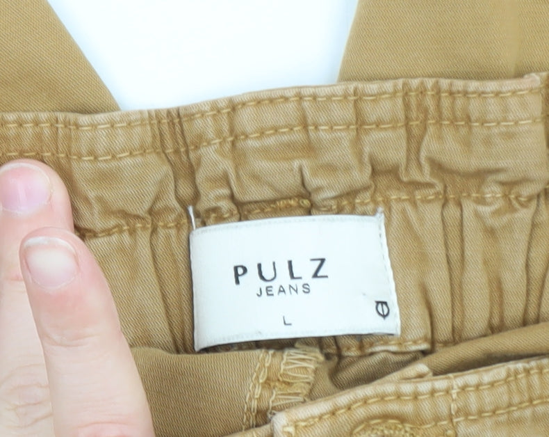 Pulz Jeans Men Beige Cargo Trousers L Relaxed Fit Elastic Waist
