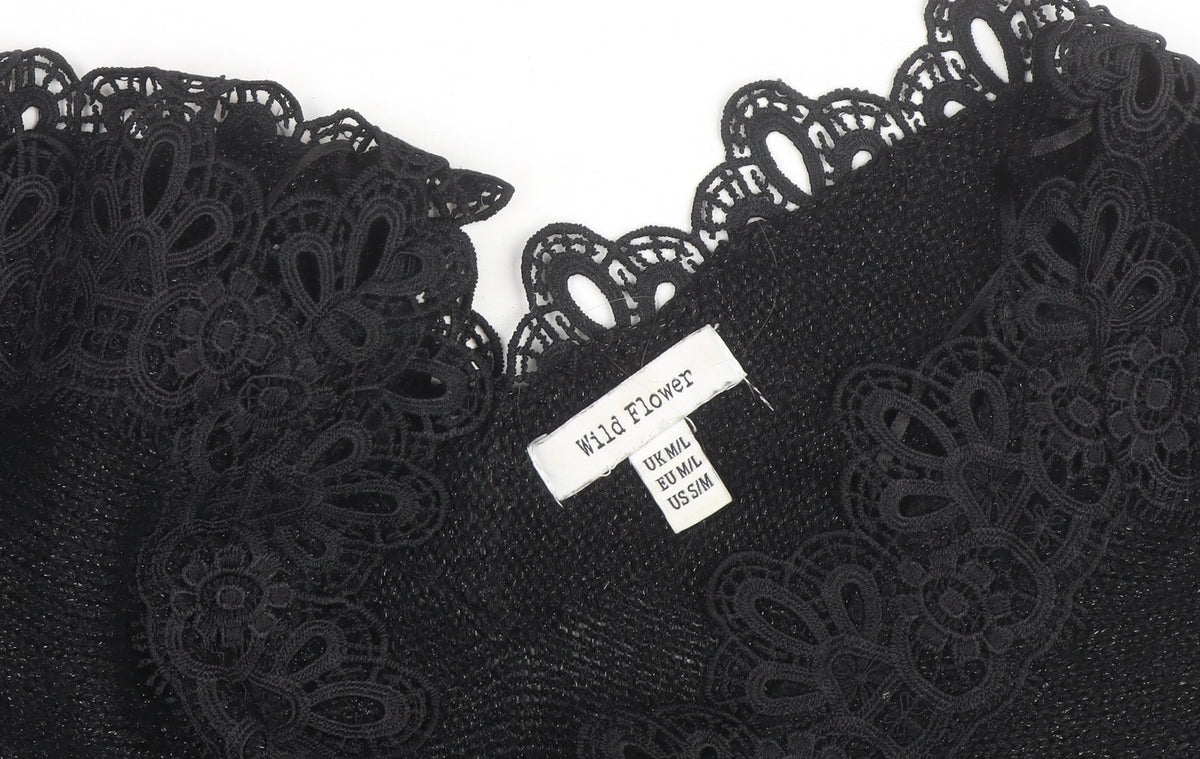 Wild Flower Women's Black V-Neck Lace Trim Knit Jumper Size M