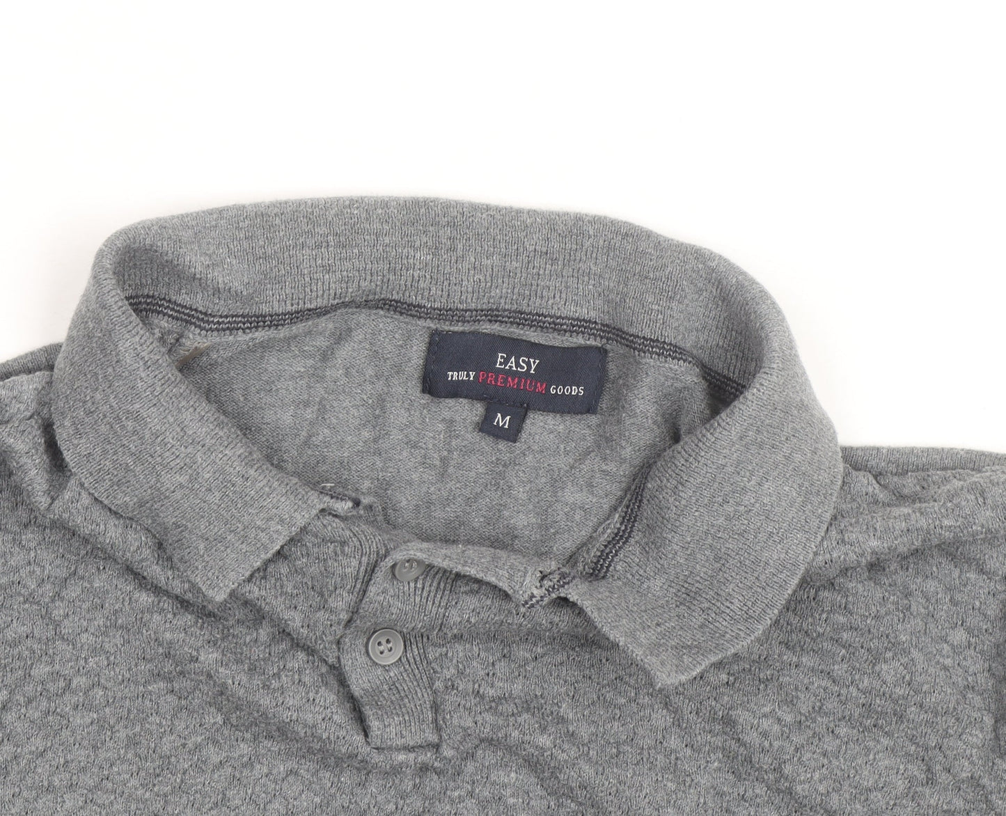 EASY Men's Grey Collared Cotton Henley Jumper Size M
