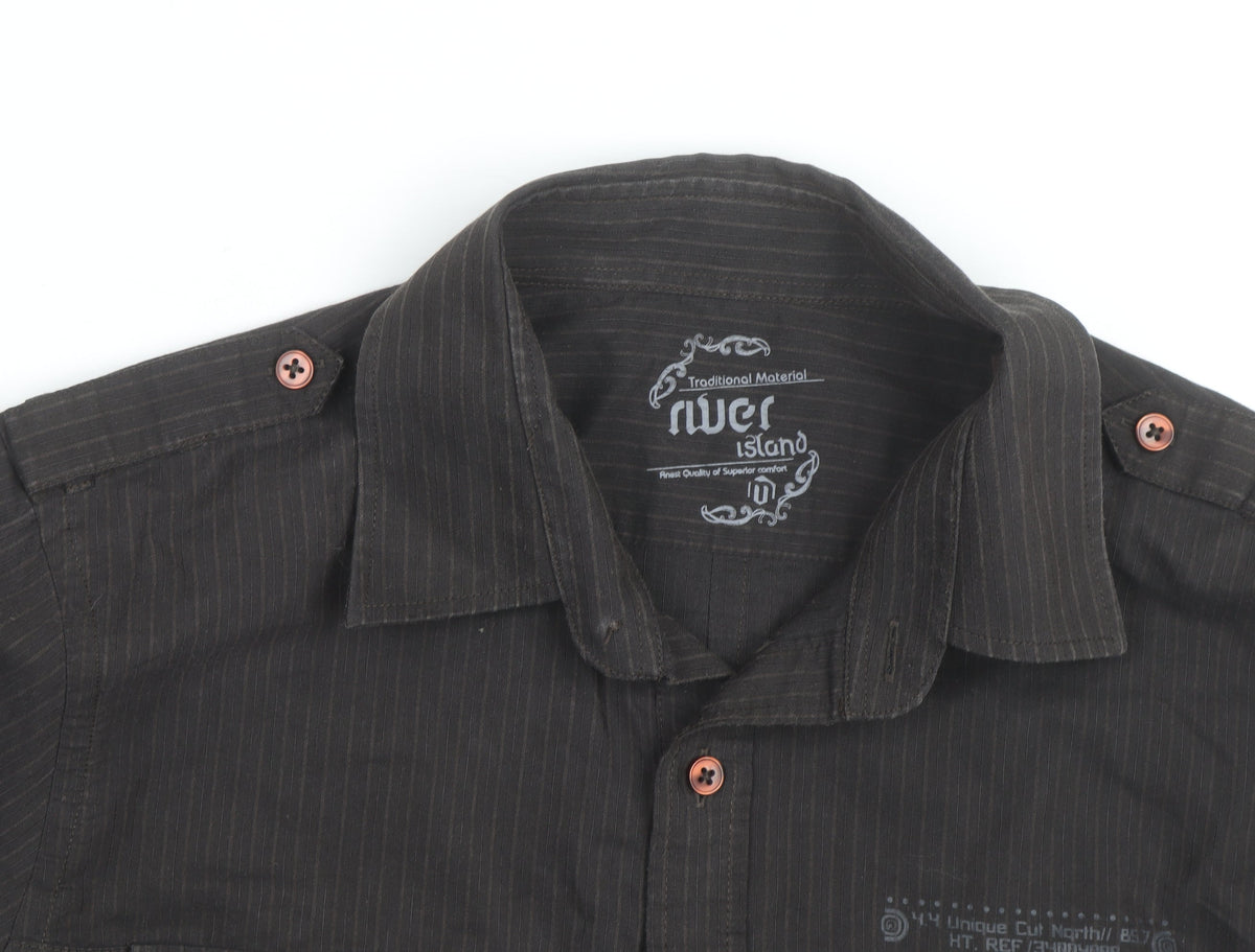 River Island Men's Black Striped Cotton Long Sleeve Button-Up Shirt M