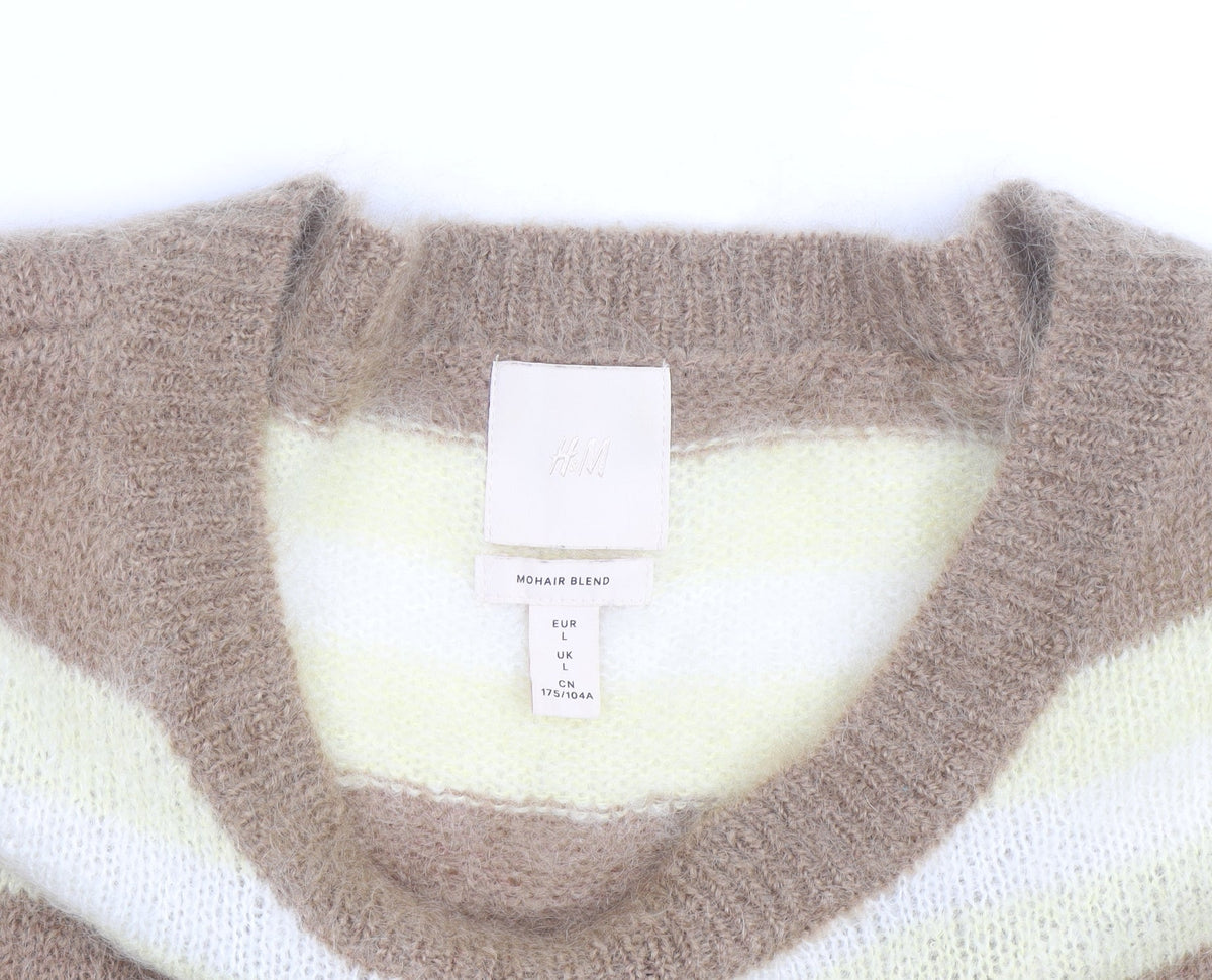 H&M Women Beige Stripe Mohair Blend Relaxed Fit Jumper L