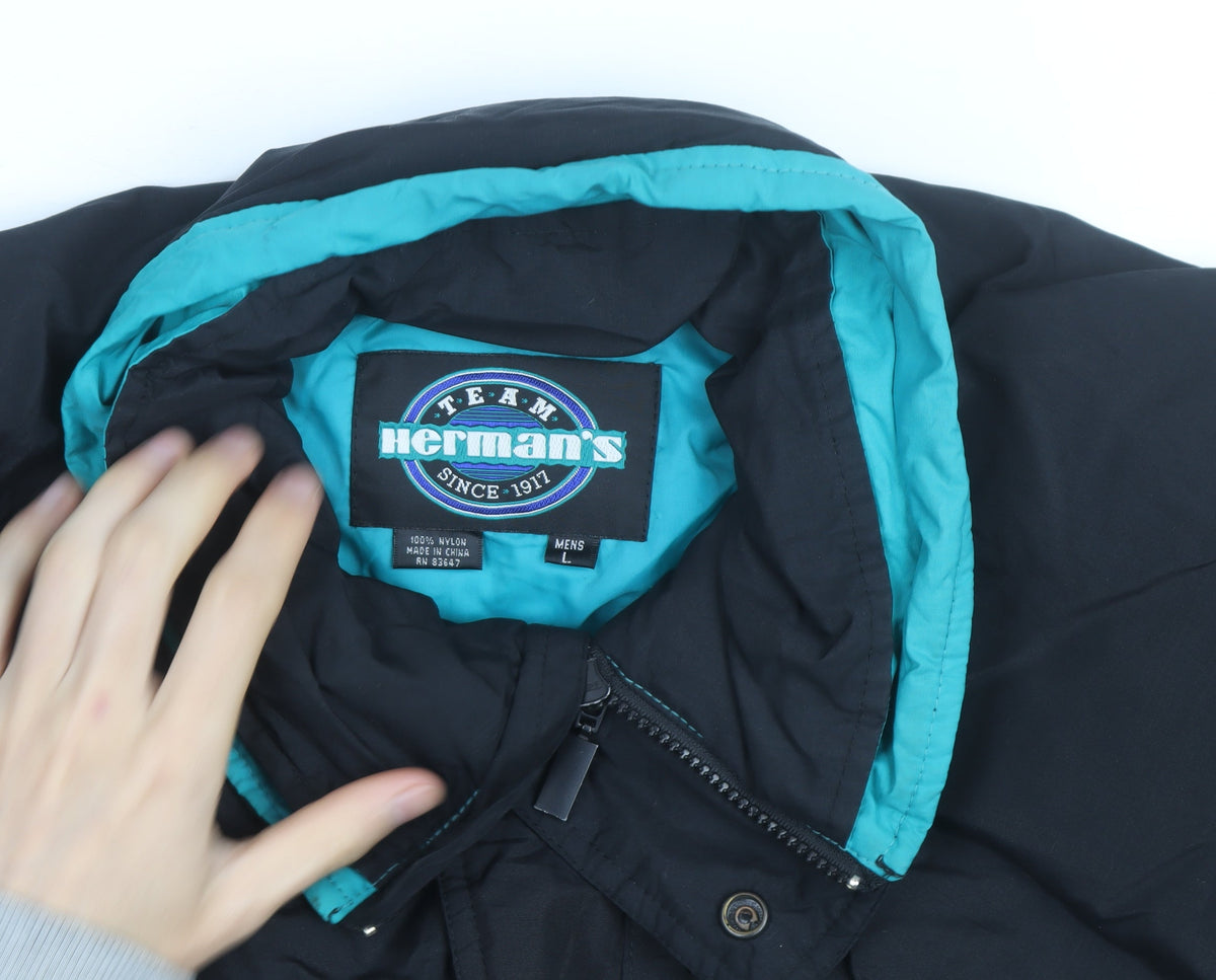 Herman's Men Black L 90s Retro Puffer Jacket Nylon Winter Coat